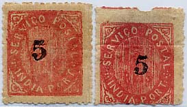 1713.jpg -     Lote:    1713            Índia Portuguesa       Descrição:         1881 &mdash; Nativos, com sobretaxa. CE63 (24), 5 s/15 reis rosa. Tipo IIA. Sobretaxa tipo B. Lote de dois selos com ligeiros pontos de óxido no verso. Valor de catálogo &euro; 40,00.        **       Valor Base:     &euro; 5,00     Valor Venda:     &euro; 10,00     