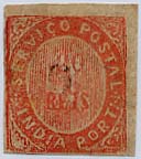 1714.jpg -     Lote:    1714            Índia Portuguesa       Descrição:         1883 &mdash; Nativos, com sobretaxa em moeda local. 6 s/ 20 reis, vermelho laranja, tipo ID em papel fino azulado. Não catalogado.        *       Valor Base:     &euro; 30,00     Valor Venda:     &euro; 120,00     