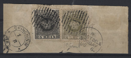 1715.jpg -     Lote:    1715            Índia Portuguesa       Descrição:         1881/83 &mdash; Tipo Coroa com sobretaxa + Tipo Coroa, valores em moeda local. Grande fragmento circulado de Chinchinim (01.08.??) para Bombaim (06.08.??) com selos de 1 &frac12; reis s/ 5 reis preto, denteado 13 &frac12; CE66 + selo de 4 &frac12; reis bistre esverdeado, denteado 13 &frac12;, tipo I CE116. Carimbo de duplo círculo de CHINCHINIM + carimbo oval de barras literal "J", ambos batidos a preto. MB.        FRG       Valor Base:     &euro; 25,00     Valor Venda:     &euro; 42,00     