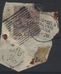 1717.jpg -     Lote:    1717            Índia Portuguesa       Descrição:         1881/83 &mdash; Tipo Coroa com sobretaxa. CE95, 2T s/ 25 reis violeta, denteado 12 &frac12; em fragmento de carta circulada de Diu (24.05.83) para Kalyanthana (28.05.83). Carimbo de barras verticais nominal batido a preto de DIU + carimbo hexagonal também batido a preto de DIU com a data manuscrita.        FRG       Valor Base:     &euro; 25,00     Valor Venda:     &euro; 50,00     