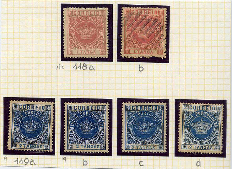 1718.jpg -     Lote:    1718            Índia Portuguesa       Descrição:         1882 &mdash; Tipo Coroa. Valores em moeda local. Valores apostos em 2.ª impressão. CE115/121. Estudo quase completo, composto por 29 selos, a grande maioria em estado novo. Quase completa a série em denteado 13 &frac12;, tipo II. Lote a ver.        Lote       Valor Base:     &euro; 60,00     Valor Venda:     &euro; 80,00     