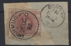 1719.jpg -     Lote:    1719            Índia Portuguesa       Descrição:         1882 &mdash; Tipo Coroa. Valores em moeda local. Fragmento de carta, com selo de 1 Tanga rosa, denteado 12 &frac12;, tipo I CE118, obliterado com carimbos de MORMUGÃO (26 OC. 87) e Bombay.        FRG       Valor Base:     &euro; 10,00     Valor Venda:     &euro; 10,00     