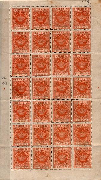 1722.jpg -     Lote:    1722            Índia Portuguesa       Descrição:         1882 &mdash; Tipo Coroa. Valores em moeda local. Lote composto por duas folhas completas de 28 selos, sem goma: CE120, 4 tangas lilás dent. 12 &frac12; e CE121, 8 tangas laranja, dent. 13 &frac12;. Valor de catálogo &euro; 1.173,20.        Lote       Valor Base:     &euro; 90,00     Valor Venda:     Retirado     