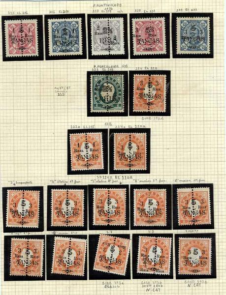 1723.jpg -     Lote:    1723            Índia Portuguesa       Descrição:         1911/13 &mdash; D. Luís I e D. Carlos I tipo Diogo Neto (sobretaxados em 1903), com novas sobretaxas e perfurados a meio. CE223/229. Estudo completo da série, com erros e variedades. Algumas não catalogadas. Bom lote.        Lote**/*       Valor Base:     &euro; 120,00     Valor Venda:     &euro; 150,00     