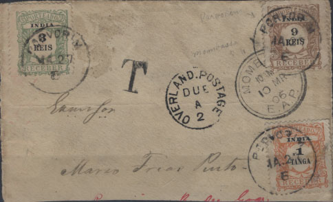 1732.jpg -     Lote:    1732            Índia Portuguesa       Descrição:         1904 &mdash; Porteado. Emissão Regular. Grande fragmento de frente carta, remetida com insuficiência de franquia de Mombassa (10.03.06) para Porvorim (27.03.06). Porteada com selos de 3 reis verde amarelo, 9 reis castanho claro e 1 Tanga laranja vermelho CE POR2, 6, 7.         FRG       Valor Base:     &euro; 20,00     Valor Venda:     &euro; 55,00     
