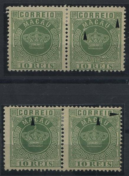 1747.jpg -     Lote:    1747            Macau       Descrição:         1885/89 &mdash; Tipo Coroa. Novas cores e valores. CE16, 10 reis verde, denteado 12 &frac12;. Lote de dois pares horizontais com fendas de cunho diversas. Valor de catálogo &euro; 67,00.        *       Valor Base:     &euro; 15,00     Valor Venda:     &euro; 22,00     