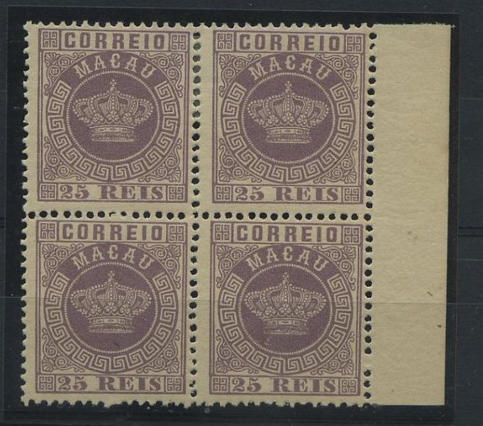 1749.jpg -     Lote:    1749            Macau       Descrição:         1885/89 &mdash; Tipo Coroa. Novas cores e valores. CE18, 25 reis violeta, denteado 12 &frac12;. Quadra bordo de folha, com ligeira charneira a meio do par superior. Valor de catálogo &euro; 68,00.        ***/**       Valor Base:     &euro; 20,00     Valor Venda:     &euro; 36,00     