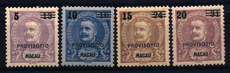 1770.jpg -     Lote:    1770            Macau       Descrição:         1900 &mdash; D. Carlos I, com sobretaxa. CE91/94. Série completa. Valor de catálogo &euro; 39,15.        RG**       Valor Base:     &euro; 8,00     Valor Venda:     &euro; 16,00     