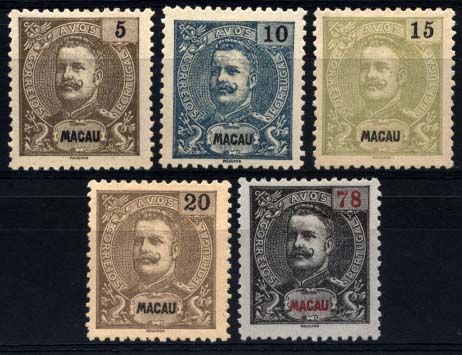 1772.jpg -     Lote:    1772            Macau       Descrição:         1900 &mdash; D. Carlos I, tipo Mouchon. Novos valores. CE95/99. Série completa. Valor de catálogo &euro; 78,40.        **/*       Valor Base:     &euro; 18,00     Valor Venda:     &euro; 65,00     