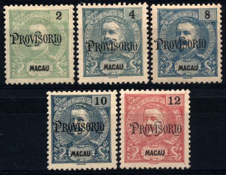 1778.jpg -     Lote:    1778            Macau       Descrição:         1902 &mdash; D. Carlos I, com sobrecarga "PROVISÓRIO". CE124/128. Série completa. Valor de catálogo &euro; 71,60.        **/*       Valor Base:     &euro; 18,00     Valor Venda:     &euro; 42,00     