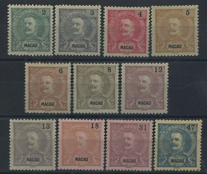 1779.jpg -     Lote:    1779            Macau       Descrição:         1903 &mdash; D. Carlos I tipo Mouchon. Emitidos com ou sem goma. CE129/39. Série completa. Valor de catálogo &euro; 137,25.        *       Valor Base:     &euro; 35,00     Valor Venda:     &euro; 80,00     