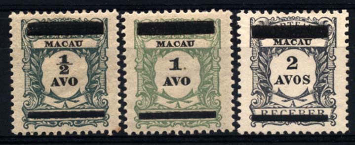 1782.jpg -     Lote:    1782            Macau       Descrição:         1910 &mdash; Selos de Porteado, com sobrecarga. CE141/143. Série completa. Valor de catálogo &euro; 33,60.        **/*       Valor Base:     &euro; 10,00     Valor Venda:     &euro; 10,00     