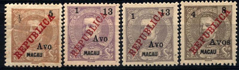 1800.jpg -     Lote:    1800            Macau       Descrição:         1913 &mdash; D. Carlos I tipo Mouchon, com sobretaxa. Emitidos sem goma com excepção CE198. CE198/201. Série completa. Valor de catálogo &euro; 57,60.        **/*       Valor Base:     &euro; 15,00     Valor Venda:     &euro; 65,00     