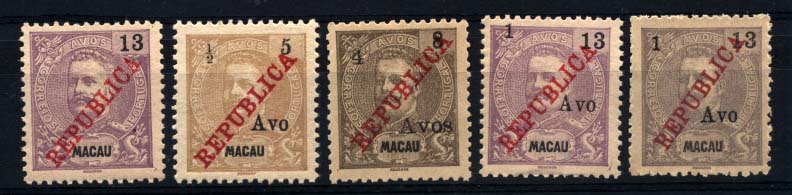 1801.jpg -     Lote:    1801            Macau       Descrição:         1913 &mdash; D. Carlos I Mouchon com sobrecarga REPUBLICA local + D. Carlos I com sobretaxa local. Lote de 5 selos: CE190 13 avos lilás vivo + CE198/201, série completa. Valor de catálogo &euro; 99,30.        *       Valor Base:     &euro; 30,00     Valor Venda:     &euro; 85,00     