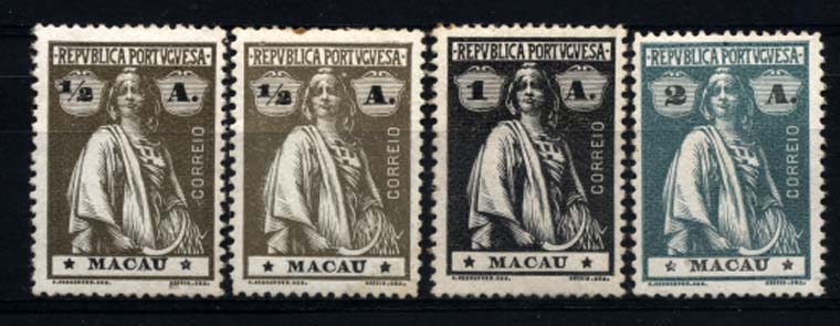1809.jpg -     Lote:    1809            Macau       Descrição:         1913 &mdash; Ceres. CE210/212. Lote de 4 selos em papel esmalte, denteado 15x14. Selo de &frac12; avo em duplicado. Valor de catálogo &euro; 14,80.        **       Valor Base:     &euro; 4,00     Valor Venda:     &euro; 6,00     