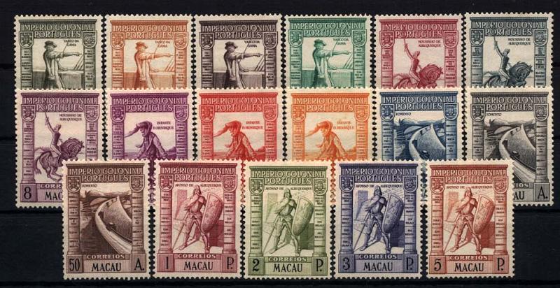 1817.jpg -     Lote:    1817            Macau       Descrição:         1938 &mdash; Império Colonial Português. CE289/305. Série completa. Selos de 2 e 3P com um ligeiríssimo ponto de óxido no verso. Valor de catálogo &euro; 195,45.        **       Valor Base:     &euro; 40,00     Valor Venda:     &euro; 95,00     