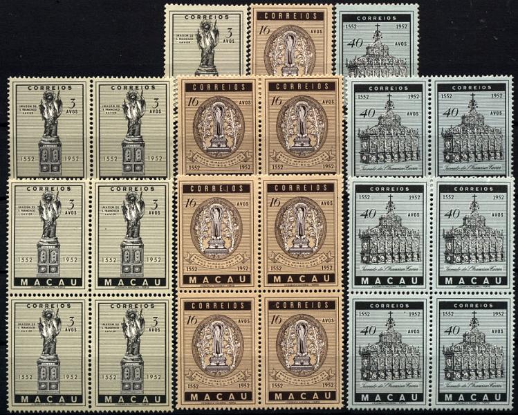 1828.jpg -     Lote:    1828            Macau       Descrição:         1952 &mdash; 4.º Centenário da morte de S. Francisco Xavier. CE368/370. Lote composto por séries completas: simples, em par e em quadras. Valor de catálogo &euro; 92,05.        ***       Valor Base:     &euro; 22,00     Valor Venda:     &euro; 95,00     