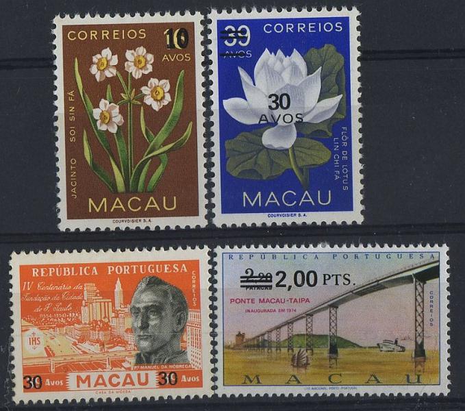 1832.jpg -     Lote:    1832      Descrição no catálogo trocada com lote 2041!      Macau       Descrição:         1979 &mdash; Selos do Correio Ordinário, sobretaxados. CE445/448. Série completa. Valor de catálogo &euro; 76,90.        O       Valor Base:     &euro; 10,00     Valor Venda:     &euro; 14,00     
