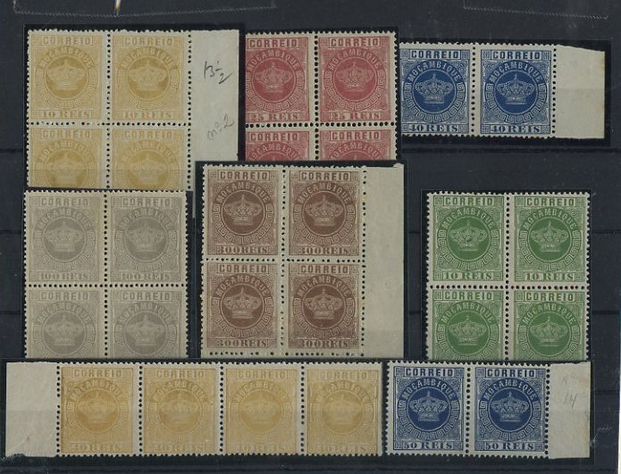 1838.jpg -     Lote:    1838            Moçambique       Descrição:         1876/85 &mdash; Tipo Coroa. Lote composto por: CE2, 10 reis amarelo em quadra, denteado 13 &frac12;, CE4, 25 reis carmim, quadra em denteado 12 &frac12;, CE5, 40 reis azul em par, denteado 12 &frac12;; CE7, 100 reis lilás, quadra em denteado 13 &frac12;; CE9, 300 reis castanho, quadra em denteado 13 &frac12;, CE10, 10 reis verde, quadra em denteado 12 &frac12;; CE13, 40 reis amarelo, tira de 4 selos em denteado 12 &frac12; e CE14, 50 reis azul, par em denteado 12 &frac12;. Valor aproximado de catálogo &euro; 200,00.        ***/**       Valor Base:     &euro; 30,00     Valor Venda:     Retirado     