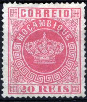 1841.jpg -     Lote:    1841            Moçambique       Descrição:         1881/85 &mdash; Tipo Coroa. Novas cores. CE11, 20 reis rosa, papel liso médio, denteado 13 &frac12;. Selo reparado no verso do bordo superior, com transparência. Selo de elevada raridade. Valor de catálogo &euro; 1.820,00.        *       Valor Base:     &euro; 250,00     Valor Venda:     Retirado     