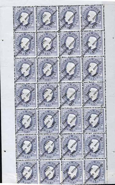 1852.jpg -     Lote:    1852            Moçambique       Descrição:         1895 &mdash; D. Luís I, com sobrecarga "CENTENÁRIO ANTONINO". CE48, 200 reis azul violeta. Folha completa de 28 selos. Impressão 14/14, com deslocação acentuada para a esquerda da 2.ª metade. Valor de catálogo &euro; 1.190,00.        *       Valor Base:     &euro; 160,00     Valor Venda:     &euro; 160,00     