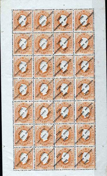 1853.jpg -     Lote:    1853            Moçambique       Descrição:         1895 &mdash; D. Luís I, com sobrecarga "CENTENÁRIO ANTONINO". CE49, 300 reis laranja. Folha completa de 28 selos, com impressão 14/14, com impressão mais carregada e deslocada da 2.ª metade. Valor de catálogo &euro; 1.486,00.        *       Valor Base:     &euro; 170,00     Valor Venda:     Retirado     