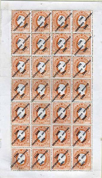 1854.jpg -     Lote:    1854            Moçambique       Descrição:         1895 &mdash; D. Luís I, com sobrecarga "CENTENÁRIO ANTONINO". CE49, 300 reis laranja. Folha completa de 28 selos. Valor de catálogo &euro; 1.486,00.        *       Valor Base:     &euro; 140,00     Valor Venda:     Retirado     
