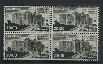 1867.jpg -     Lote:    1867            Moçambique       Descrição:         1944 &mdash; 4.º Centenário de Lourenço Marques. CE315, 20$00 em quadra, em denteado 12 &frac14;. Não catalogado neste denteado. MB.        ***       Valor Base:     &euro; 30,00     Valor Venda:     &euro; 70,00     