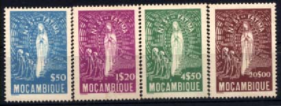 1869.jpg -     Lote:    1869            Moçambique       Descrição:         1948 &mdash; Nossa Senhora de Fátima. CE344/347. Série completa. Selo de 1$20 com ligeiro defeito. Valor de catálogo &euro; 108,20.        **       Valor Base:     &euro; 15,00     Valor Venda:     Retirado     