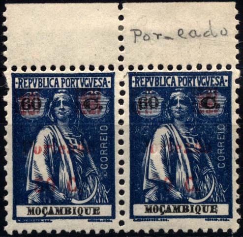 1872.jpg -     Lote:    1872            Moçambique       Descrição:         1924 &mdash; Porteado * Ceres de Moçambique, com sobretaxa. CE POR50, 50C s/ 60C azul escuro. Par horizontal. Um dos selos com sobrecarga "P.RTEADO" (ponto em vez de O).        **       Valor Base:     &euro; 5,00     Valor Venda:     &euro; 12,00     