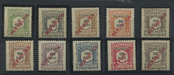 1873.jpg -     Lote:    1873            Moçambique       Descrição:         1916 &mdash; Porteado. Tipo de 1904, com sobrecarga REPUBLICA local. CE21/30. Série completa. Três últimos valores sem charneira. Valor de catálogo &euro; 483,10.        ***/**       Valor Base:     &euro; 85,00     Valor Venda:     &euro; 200,00     