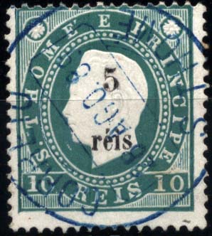 1895.jpg -     Lote:    1895            S. Tomé e Príncipe       Descrição:         1889/91 &mdash; D. Luís I. Fita direita. Com sobretaxa. CE24, 5 s/ 10 reis verde. Preço de catálogo &euro; 50,60.        O       Valor Base:     &euro; 15,00     Valor Venda:     Retirado     