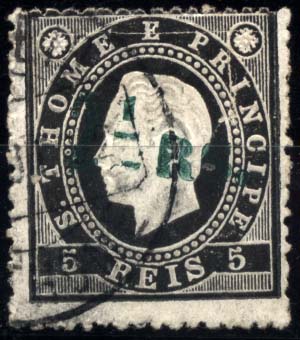 1897.jpg -     Lote:    1897            S. Tomé e Príncipe       Descrição:         1892 &mdash; D. Luís I. Fita direita. Com sobretaxa. CE27, 2 &frac12; s/ 5 reis preto. Tipo I. Valor de catálogo &euro; 63,20.        O       Valor Base:     &euro; 18,00     Valor Venda:     Retirado     