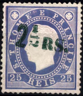 1899.jpg -     Lote:    1899            S. Tomé e Príncipe       Descrição:         1892 &mdash; D. Luís I. Fita direita. Com sobretaxa. NÃO CATALOGADO. 2 &frac12; s/ 25 reis violeta. Tipo I. Catalogado por Eládio dos Santos CE30.        *       Valor Base:     &euro; 50,00     Valor Venda:     &euro; 180,00     