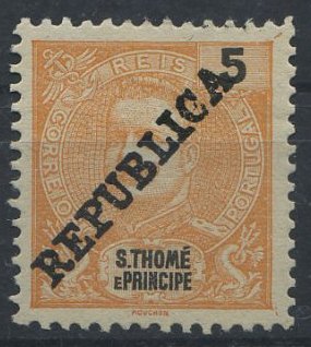 1903.jpg -     Lote:    1903            S. Tomé e Príncipe       Descrição:         1913 &mdash; D. Carlos I tipo Mouchon com sobrecarga REPUBLICA local. CE147, 5 reis laranja. Valor de catálogo &euro; 47,20.        **       Valor Base:     &euro; 10,00     Valor Venda:     &euro; 21,00     