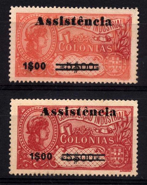 1909.jpg -     Lote:    1909            S. Tomé e Príncipe       Descrição:         1946 &mdash; Imposto Postal. ASSISTÊNCIA. Selos fiscais de África, com sobretaxa. CE IP7, 1$00 s/ 5$00 com acento no "e". Tipo II. Lote de dois selos em rosa e carmim. Valor de catálogo &euro; 60,60.        *       Valor Base:     &euro; 12,00     Valor Venda:     &euro; 14,00     