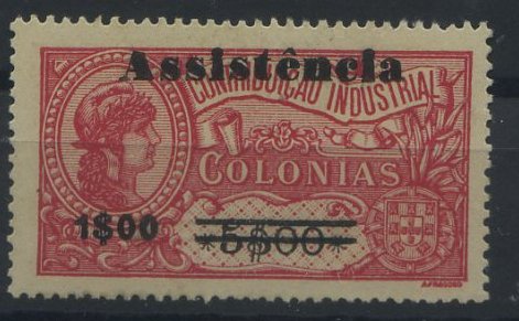 1910.jpg -     Lote:    1910            S. Tomé e Príncipe       Descrição:         1946 &mdash; Imposto Postal. ASSISTÊNCIA. Selos fiscais de África, com sobretaxa. Emitidos sem goma. CE IP7, 1$00 s/ 5$00 carmim, denteado 15x14, tipo I, com acento. Valor de catálogo &euro; 30,30.        *       Valor Base:     &euro; 10,00     Valor Venda:     &euro; 12,00     