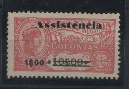 1913.jpg -     Lote:    1913            S. Tomé e Príncipe       Descrição:         1946 &mdash; Imposto Postal. ASSISTÊNCIA. Selos fiscais de África, com sobretaxa. Emitidos sem goma. CE IP10, 1$00 s/ 10$00 rosa, denteado 12 &frac12;. Tipo I cem acento. Valor de catálogo &euro; 30,30.        *       Valor Base:     &euro; 10,00     Valor Venda:     &euro; 110,00     