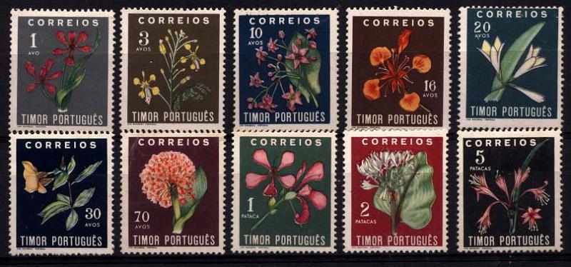 1919.jpg -     Lote:    1919            Timor       Descrição:         1950 &mdash; Flores Tropicais. CE275/284. Série completa. Alguns distúrbios na goma de dois selos. Valor de catálogo &euro; 138,00.        ***       Valor Base:     &euro; 30,00     Valor Venda:     Retirado     