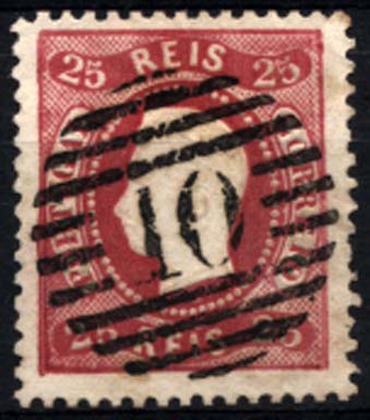 1925.jpg -     Lote:    1925            Portugal       Descrição:         Carimbos numéricos da 1.ª reforma. 1867/70 &mdash; D. Luís I, fita curva. Denteados. CE30 carmim, obliterado com carimbo numérico batido a preto 10 &mdash; ARRUDA. MB.        O       Valor Base:     &euro; 15,00     Valor Venda:     &euro; 15,00     