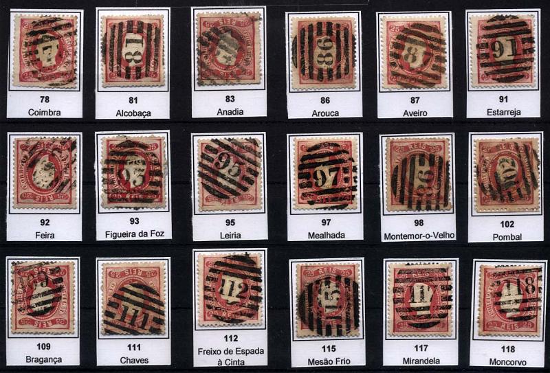 1929.jpg -     Lote:    1929            Portugal       Descrição:         Carimbos numéricos da 2.ª reforma. 1867/70 &mdash; D. Luís I, fita curva, denteados. CE30, 25 reis carmim. Lote de 18 selos obliterados com carimbos batidos a preto: 78, 81, 83, 86, 87, 91, 92, 93, 95, 97, 98, 102, 109, 111, 112, 115, 117 e 118. Todos os carimbos bem batidos. Bom lote.        Lote       Valor Base:     &euro; 25,00     Valor Venda:     &euro; 65,00     