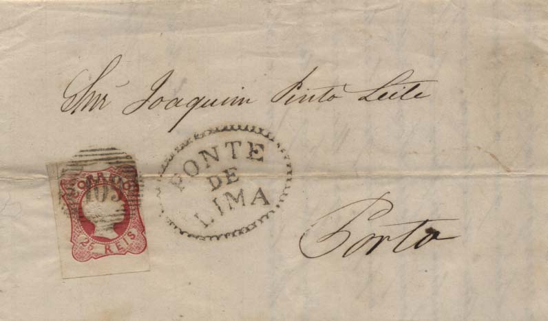 1945.jpg -     Lote:    1945            Portugal       Descrição:         Carimbos nominativos. 1856/58 &mdash; D. Pedro V, cabelos anelados. CE13, 25 reis carmim, com três margens de luxo e uma curta, em carta circulada de Ponte de Lima (26.02.58) para o Porto, obliterada com carimbo numérico da 1.ª reforma 109 e nominativo pré-adesivo "PONTE DE LIMA", GM PTL3 batido a sépia. MB.        Carta       Valor Base:     &euro; 20,00     Valor Venda:     Retirado     