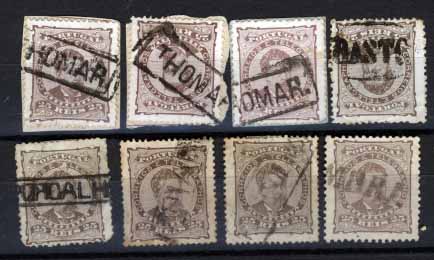 1951.jpg -     Lote:    1951            Portugal       Descrição:         Carimbos nominativos. 1882/83 &mdash; D. Luís I de frente. CE57, 25 reis castanho. Lote de 8 selos com carimbos nominativos batidos a preto: THOMAR (3), BASTO, PORCALHOTA, POIARES, PORTO DE MOZ e CEZIMBRA. Um selo com defeitos. Lote a ver.        Lote       Valor Base:     &euro; 15,00     Valor Venda:     &euro; 16,00     