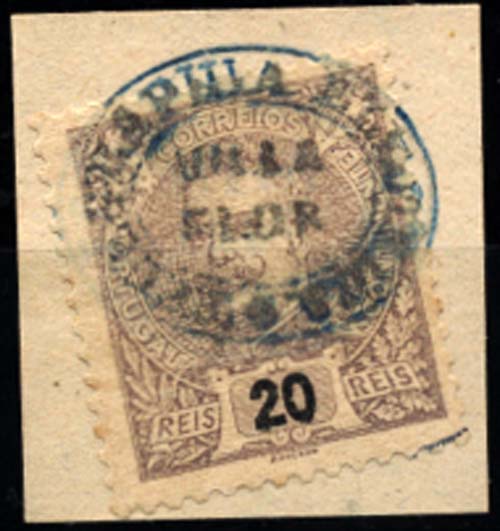 1963.jpg -     Lote:    1963            Portugal       Descrição:         Carimbos da Telegrafia Eléctrica. 1895/98 &mdash; D. Carlos I Mouchon. CE130, 20 reis violeta, obliterado com carimbo batido a azul "TELEGRAPHIA ELECTRICA / VILLA / FLOR".        O       Valor Base:     &euro; 20,00     Valor Venda:     &euro; 28,00     