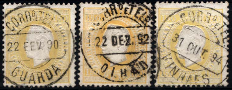 1970.jpg -     Lote:    1970            Portugal       Descrição:         Carimbos circulares datados. 1870/76 &mdash; D. Luís I, fita direita. Novas cores. CE51, 150 reis amarelo, papel porcelana, denteado 12 &frac12;. Lote de três selos obliterados com carimbos batidos a preto de "GUARDA", "OLHÃO" e "VINHAES".        O       Valor Base:     &euro; 20,00     Valor Venda:     &euro; 22,00     