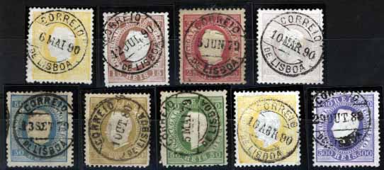 1973.jpg -     Lote:    1973            Portugal       Descrição:         1870/80 &mdash; D. Luís I, fita direita. Lote composto por 9 selos: 15, 20, 25, 50 (verde), 100, 300, 50 (azul) e 2 x 150 reis amarelo. Todos obliterados  com carimbo "CORREIO DE LISBOA". Ligeiros defeitos.         Lote       Valor Base:     &euro; 25,00     Valor Venda:     Retirado     