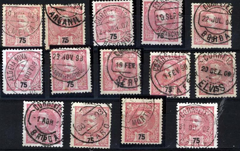 1981.jpg -     Lote:    1981            Portugal       Descrição:         Carimbos circulares datados, tipo 1880. 1895/96 &mdash; D. Carlos I tipo Mouchon. CE133, 75 reis carmim. Lote de 14 selos com CCD's, batidos a preto: Almeida, Arganil, Redondo, V. Franca de Xira, Borba, Aldeia Nova de S. Bento, V.ª Nova de Portimão, Serpa, Fafe, Elvas, Braga, Faro, Mortagoa, Certa. Todos bem batidos.        Lote       Valor Base:     &euro; 12,00     Valor Venda:     &euro; 16,00     