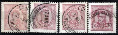 1982.jpg -     Lote:    1982            Portugal       Descrição:         Carimbos circulares datados, tipo 1880. 1884/87 &mdash; D. Luís I de frente. Novos valores. CE63, 25 reis lilás rosa. Lote de quatro selos obliterados com carimbos batidos a preto de ENCARNAÇÃO, FIGUEIRA DE BARROS, TEIXOSO, CAMPO GRANDE / LISBOA.        O       Valor Base:     &euro; 10,00     Valor Venda:     &euro; 12,00     