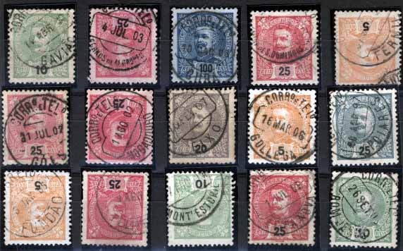 1983.jpg -     Lote:    1983            Portugal       Descrição:         Carimbos circulares datados, tipo 1880. 1895/1905 &mdash; D. Carlos I tipo Mouchon, diversas taxas. Lote de 15 selos com CCD's, batidos a preto: Gavião, Fornos de Algodres, Cuba, Minas de S. Domingos, Fermil, Goês, Mogadouro, Eixo, Gollegã, Poiares, Fundão, Feliteira, Mont'Estoril, Feira Nova e Bom Jesus. Todos bem batidos.        Lote       Valor Base:     &euro; 10,00     Valor Venda:     &euro; 28,00     