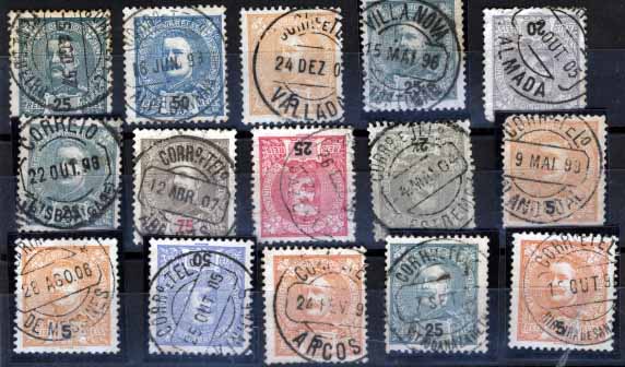 1985.jpg -     Lote:    1985            Portugal       Descrição:         Carimbos circulares datados, tipo 1880. 1895/1905 &mdash; D. Carlos I tipo Mouchon, diversas taxas. Lote de 15 selos com CCD's, batidos a preto: Pessegueiro, Alpedrinha, Vallada, Vila Nova de Portimão, Almada, Lisboa (Gare), Abrantes, Cazevel, Estremoz, Alandroal, S. Bartholomeu de Messines, Vinhaes, Arcos, Sitio da Nazareth, Ribeira de Santarém. Todos bem batidos.        Lote       Valor Base:     &euro; 10,00     Valor Venda:     &euro; 16,00     